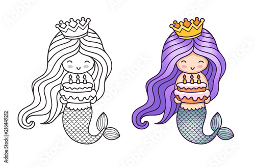 Lovely mermaid with purple gradient hair, holding a birthday cake. Cartoon character. Vector illustration for coloring book, print, card, postcard, poster, t-shirt, tattoo.