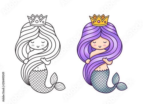Gorgeous princess mermaid. Cute cartoon character. Vector illustration for coloring book, print, card, postcard, poster, t-shirt and tattoo