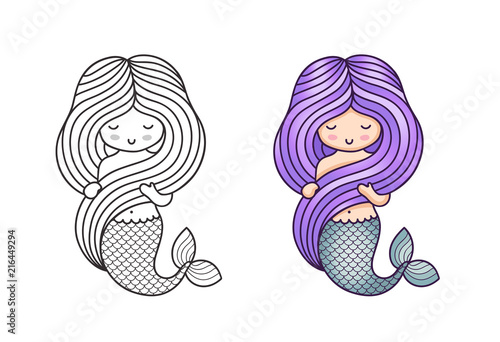 Mermaid, holding her long beautiful hair. Cute cartoon character. Vector illustration for coloring book, print, card, postcard, poster, t-shirt, patch and tattoo