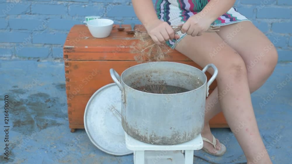 Live crayfish caught in river are cooked in arge aluminum pan in open air. Woman puts dill in saucepan and salt water. Crayfish are boiled in water. Village Children help to cook crawfish. Live crayfish caught in river are cooked in arge aluminum pan in open air. Woman puts dill in saucepan and salt water. Crayfish are boiled in water. Village Children help to cook crawfish.