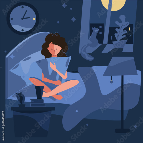 insomnia. problem of sleeping. the girl is holding a pillow. sleeping pills