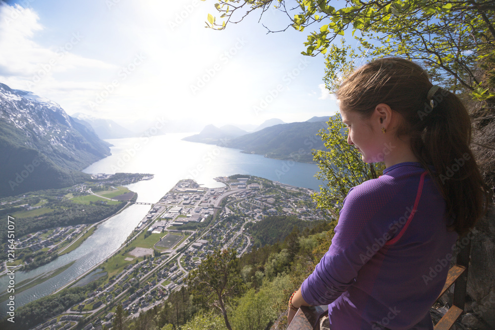 tourist girl and Romsdalsfjorden