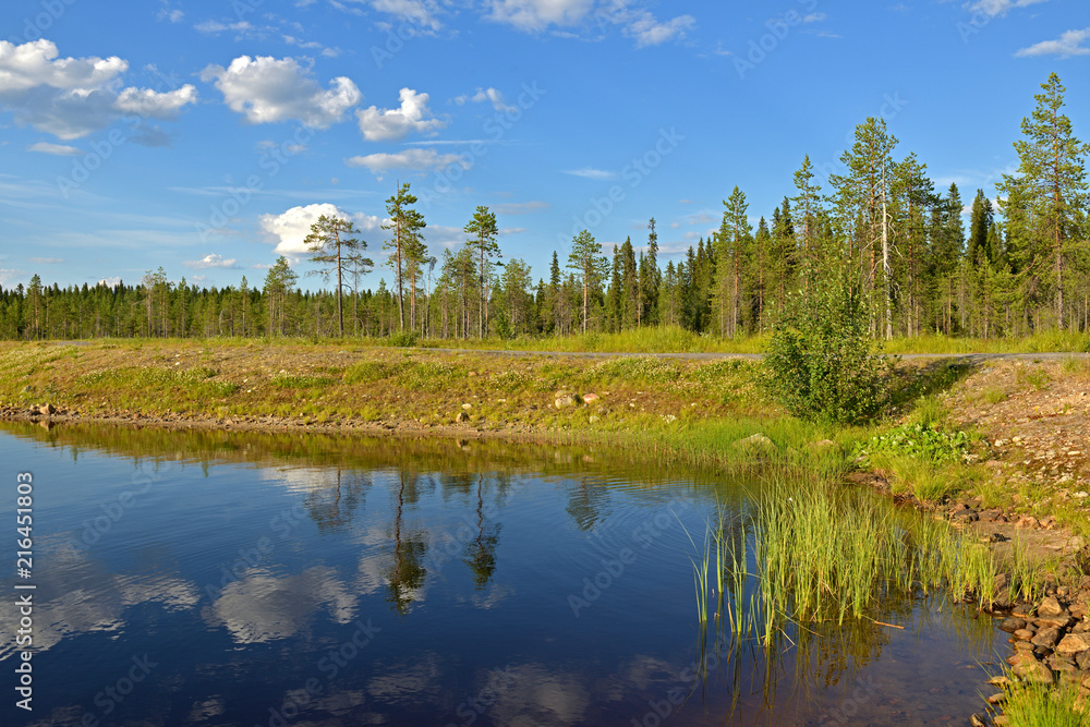 Summer landscape in Finnish Lapland. Northern Forest Lake with reflection of white clouds