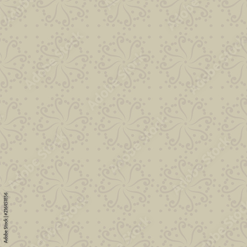 Vector seamless ornament with swirls and dots circles beige light discreet pattern background.