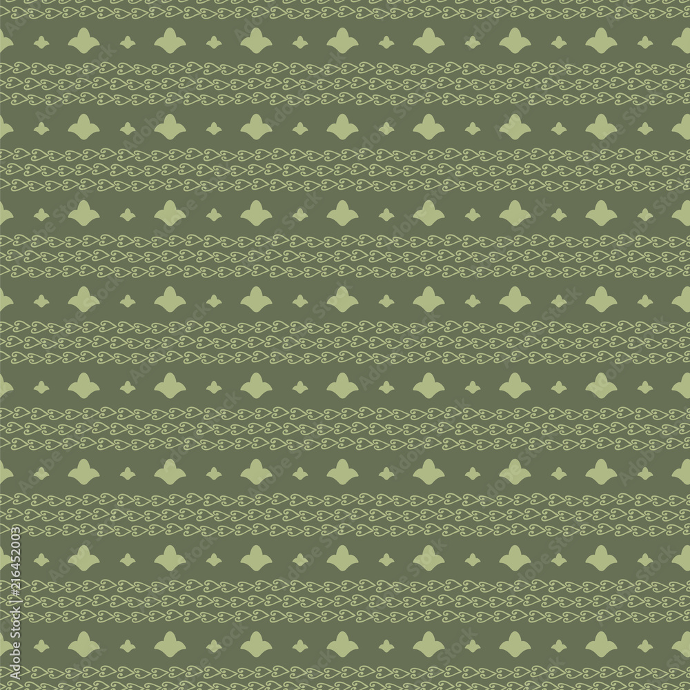 Vector seamless ornament horizontal stripes from outlines of flowers and curls in chains green olive pattern background.
