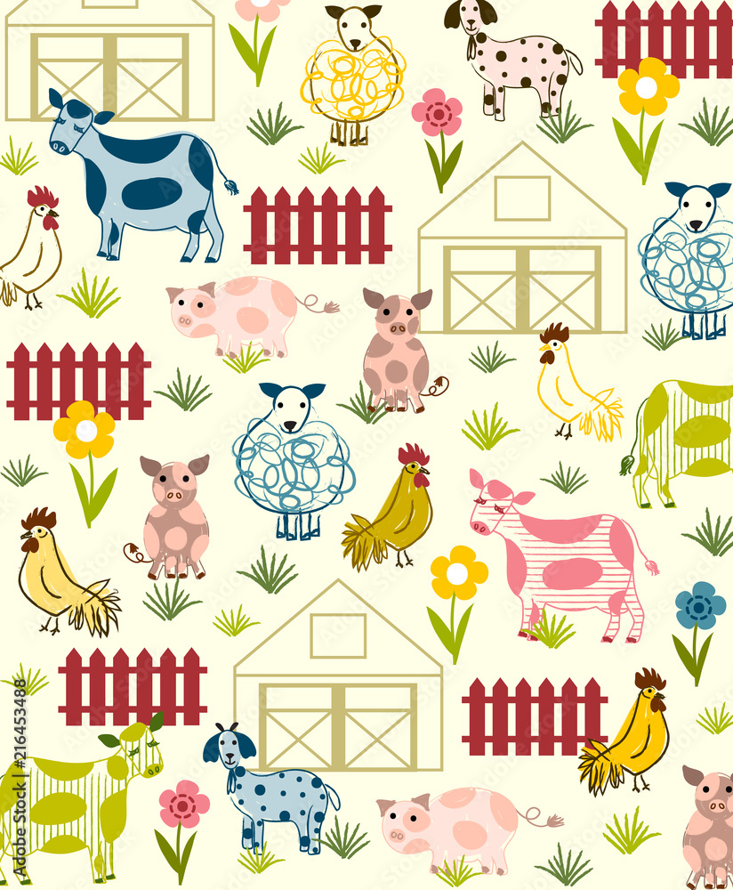 Farm, barnyard animal vector illustration for backgrounds, kids apparel, nursery wall art or kids room decor, wall sticker, wallpaper. Cow, pig, rooster, hen, sheep and goat. 