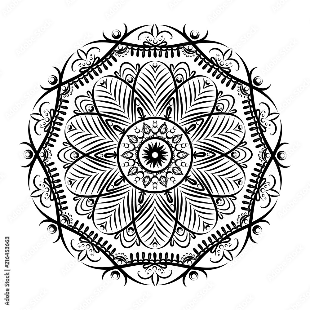 Outline Mandala for coloring book. Decorative round ornament. Anti-stress therapy pattern. Weave design element. Yoga logo, background for meditation poster. Unusual flower shape oriental line vector.