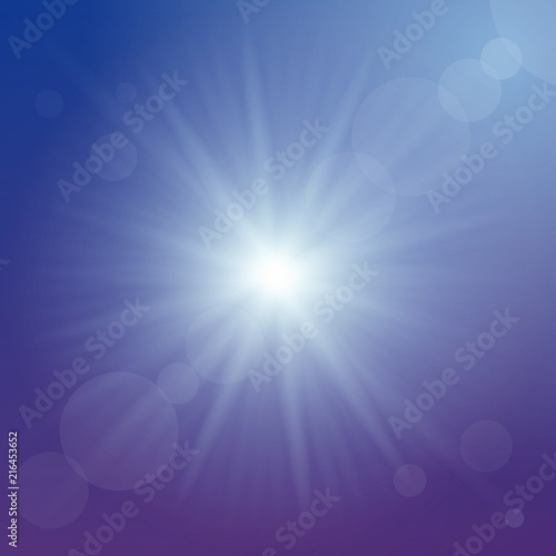 Light colorful background with beautiful holidays lights. Blue star. Vector illustration.