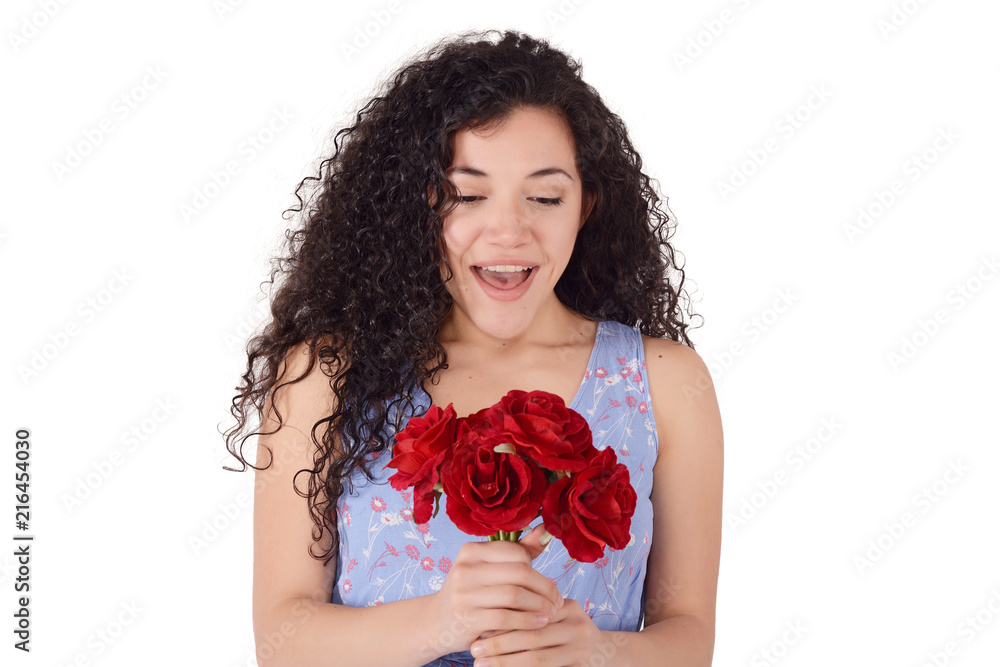 Portrait of surprised young woman with bunch of flowers Portrait of surprised young woman with bunch of flowers