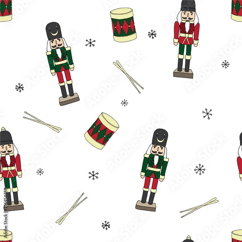 Vintage christmas wood toys soldiers and drums color seamless pattern vector isolated