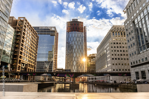 Office buildings and South Quay footbridge in Canary Wharf, London