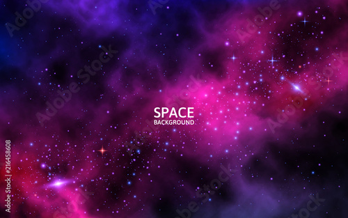 Space background with colorful galaxy, planet and shining stars. Bright cosmic backdrop with nebula and stardust. Realistic concept. Vector illustration