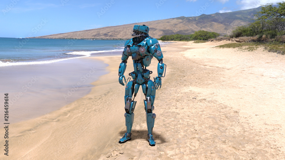Cyborg, humanoid robot at beach with sea and mountains in the background,  mechanical android, 3D render ilustración de Stock | Adobe Stock