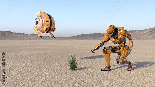 Cyborg worker with flying drone discovering a plant, humanoid robot with surveillance aircraft exploring deserted planet, mechanical android, 3D render