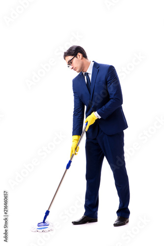 Handsome businessman with the mop isolated on white background 
