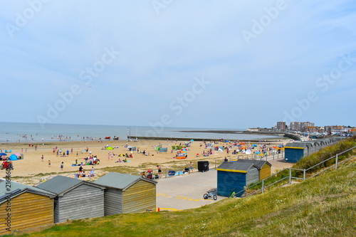 Beachgoers making the most of the sunshine at Minnis Bay over the weekend. Birchington, Kent, England