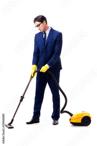 Handsome businessman with vacuum cleaner isolated on white backg