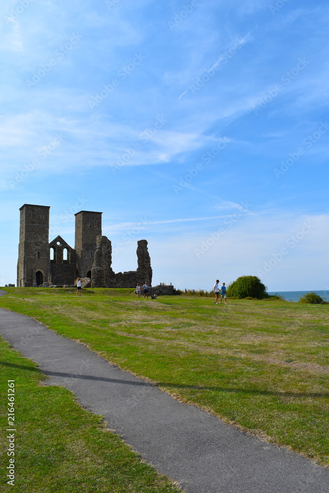 Reculver towers and Roman Fort, English heritage, Herne Bay, Kent, England, August, 2018