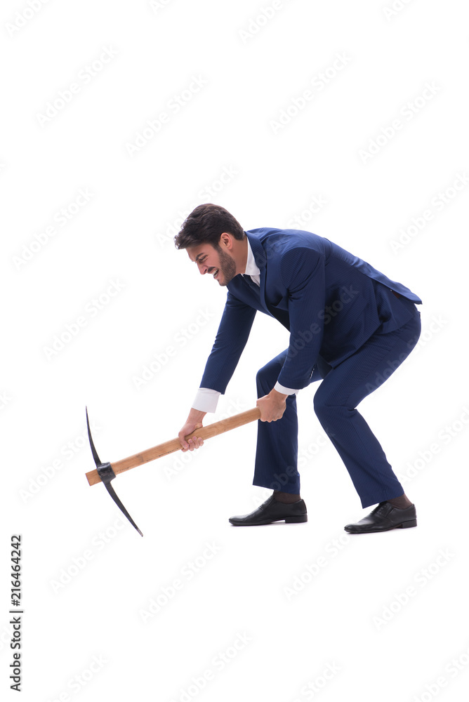 Young businessman with axe isolated on white background Young businessman with axe isolated on white background