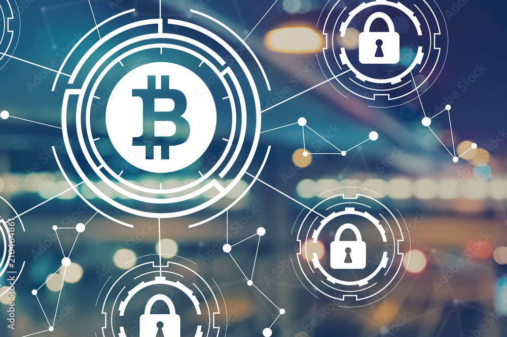 Bitcoin security theme with blurred city abstract lights background Bitcoin security theme with blurred city abstract lights background