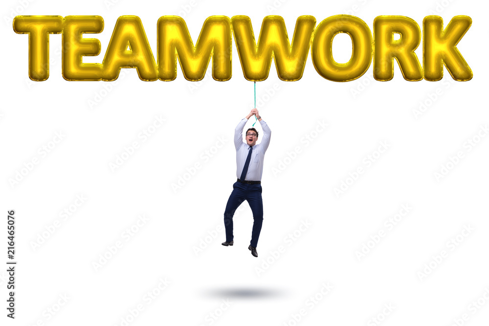Businessman flying in teamwork concept Businessman flying in teamwork concept