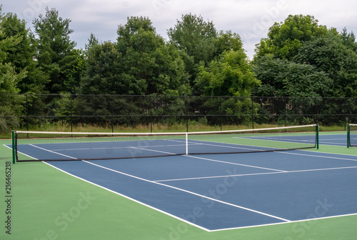Small, blue asphalt neighborhood tennis court surrounded by green