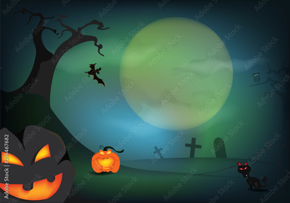 Fototapeta premium Halloween pumpkin and a graveyard with full moon in the dark night,Halloween day celebration concept,vector illustration design,eps10.