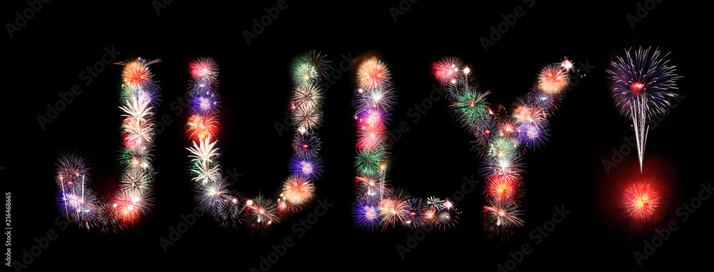 The month of July written in fireworks font