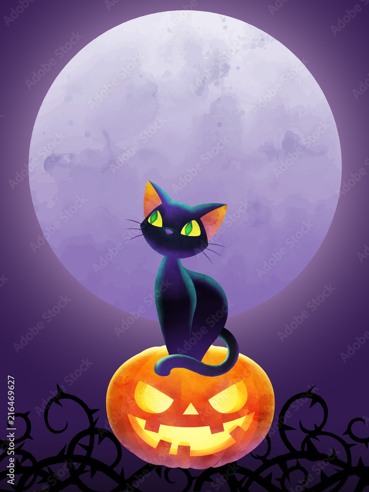 Cat on Halloween pumpkin against full moon. Vector illustration. The Halloween greeting concept. Cat on Halloween pumpkin against full moon. Vector illustration. The Halloween greeting concept.