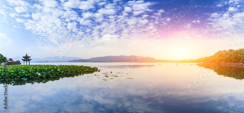 Hangzhou West Lake natural scenery at sunset panoramic view