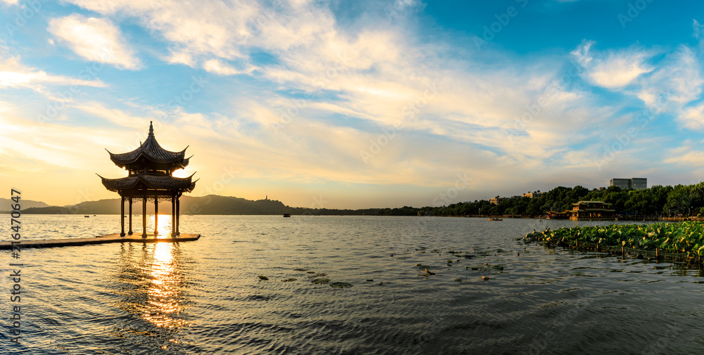 Hangzhou West Lake natural scenery at sunset,panoramic view