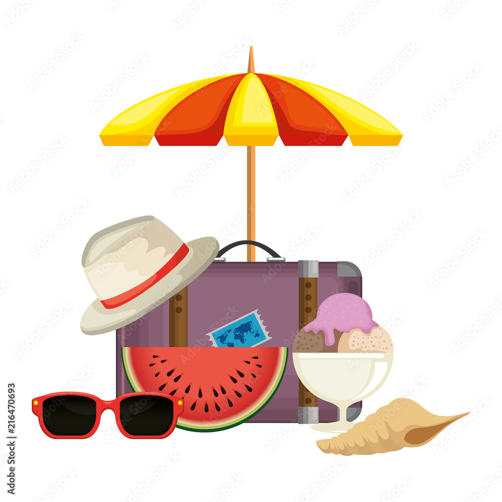 Fototapeta premium suitcase travel with umbrella and summer hat