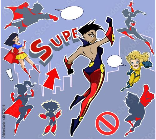 Bright and colorful cartoon illustration of funny and awesome superhero woman
in a cool costumes flying above the city ready to help and rescue