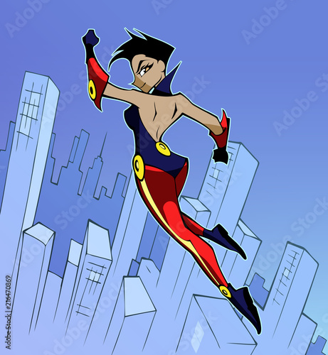 Bright and colorful cartoon illustration of funny and awesome superhero woman
in a cool costumes flying above the city ready to help and rescue