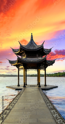 Hangzhou west lake jixian pavilion at sunset