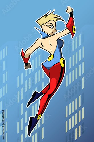 Bright and colorful cartoon illustration of funny and awesome superhero woman
in a cool costumes flying above the city ready to help and rescue