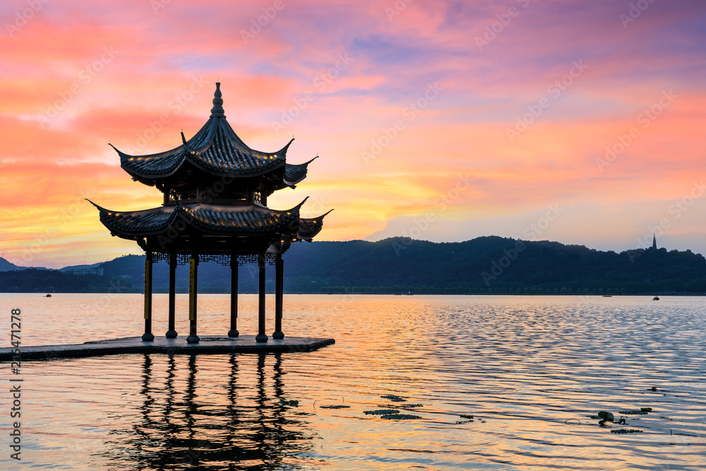Hangzhou west lake jixian pavilion at sunset Hangzhou west lake jixian pavilion at sunset