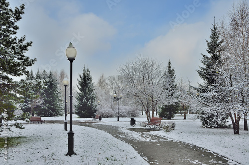 Quiet alley of the snow-covered city park with lanterns, benches, firs and pines - a beautiful winter urban landscape