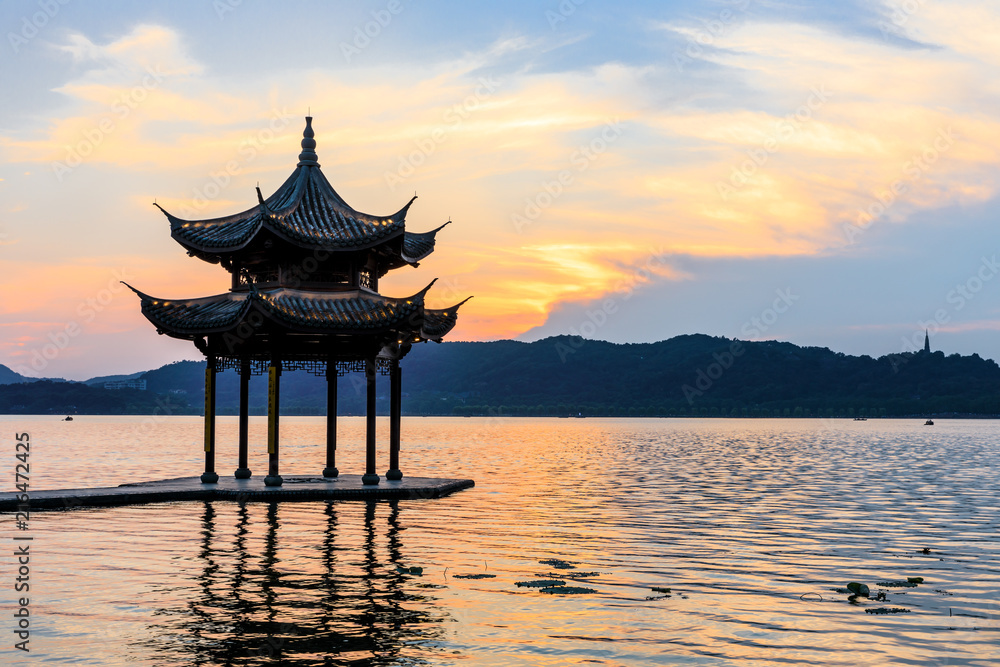 Hangzhou west lake jixian pavilion at sunset Hangzhou west lake jixian pavilion at sunset