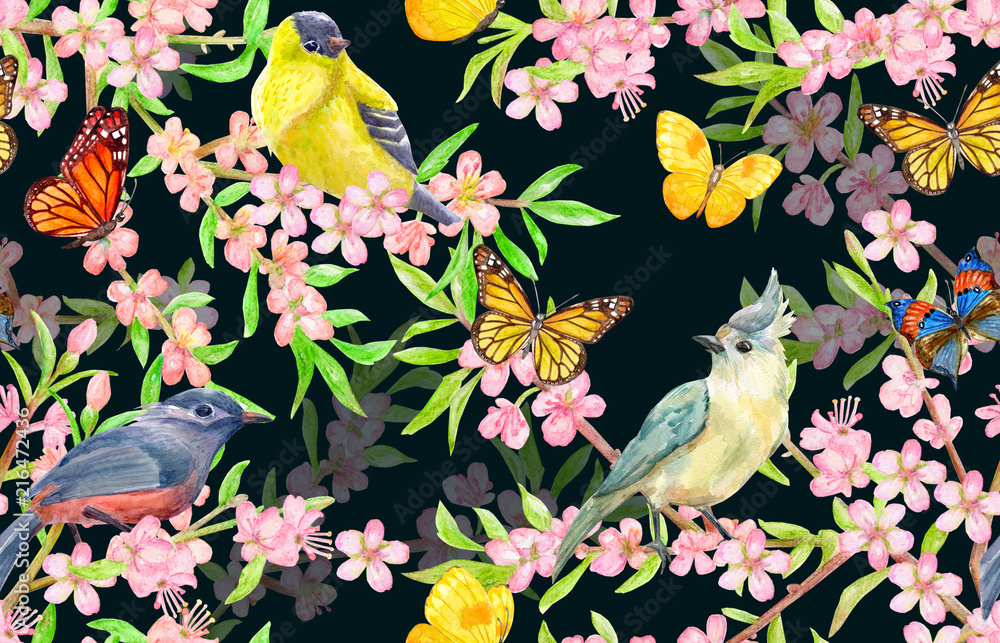 Fototapeta premium fashion seamless pattern with birds on twigs of flowering cherry and butterflies. watercolor painting