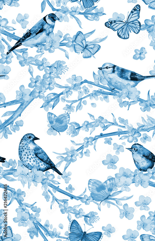 Naklejka premium monochrome seamless banner with flowering cherry and birds. watercolor painting