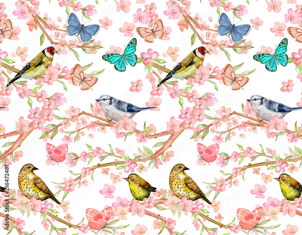 Naklejka premium pretty seamless pattern with birds on twigs of flowering cherry and butterflies. watercolor painting