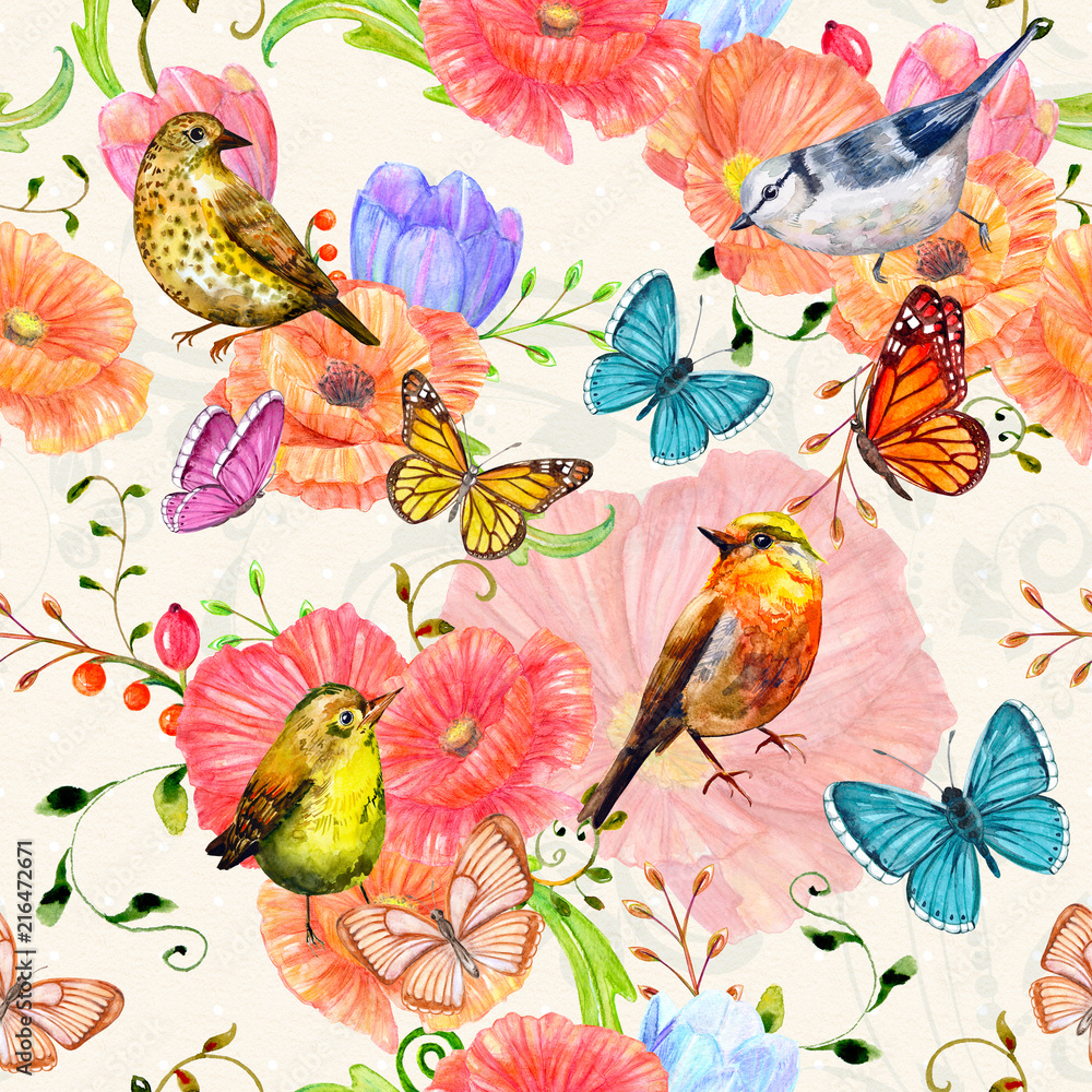Fototapeta premium fancy seamless texture with flowers and birds. watercolor painting