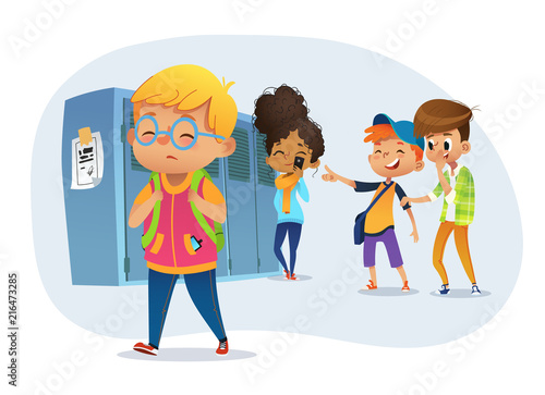 Sad owerweight boy wearing glasses going througs skhool. School boys and gill laughing and pointing at obese boy. Body shaming, fat shaming. Bulling at school. Vector illustration