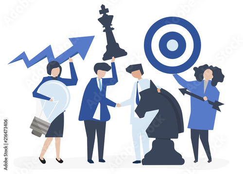 Business people holding goal and strategy icons illustration