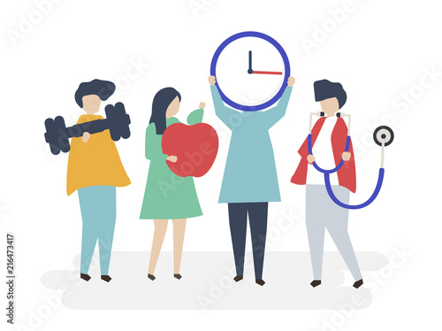 Characters of people holding healthy lifestyle icons illustration
