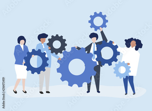 Characters of business people holding cogwheels illustration