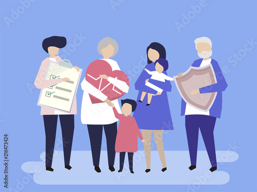 Characters of an extended family with healthcare illustration