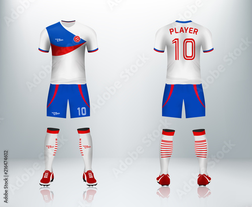3D realistic mock up of front and back of soccer jersey shirt. Concept for blue soccer team uniform or football apparel mockup design in vector illustration.