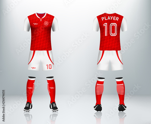 3D realistic mock up of front and back of soccer jersey shirt. Concept for red soccer team uniform or football apparel mockup design in vector illustration.